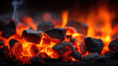 Close-up view of burning charcoal creating a vibrant display of red and orange hues. The image shows textured, dark charcoal pieces surrounded by intense flames. The composition highlights the fiery glow, suggesting a warm and energetic environment. Suitable for visual content related to cooking and heat.の素材