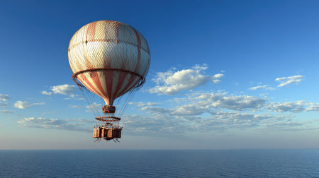 An antique hot air balloon floats above an expansive body of water, set against a vibrant blue sky with scattered clouds. The balloon features a striped design and a woven basket. Overhead lighting illuminates the scene. This image could be used for various commercial projects and editorial content.の素材