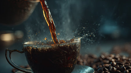 An image captures the act of pouring freshly brewed coffee into a glass cup. The scene is marked by the dark brown liquid, steam, and scattered coffee beans. The lighting is focused, with visible details. This photograph is appropriate for various commercial applications, including editorial and promotional purposes.の素材