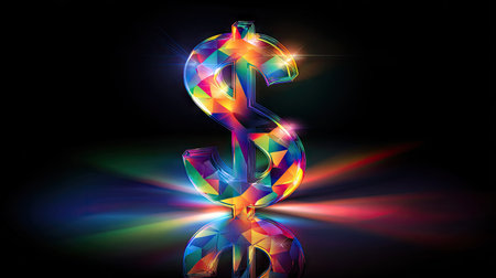 An illustration features a vibrant dollar sign rendered with a geometric design. The artwork uses a rich palette of colors, with striking light rays emanating from its center against a dark background. The image's composition suggests potential use for financial, business, or marketing related visual materials.の素材