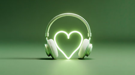 This image showcases a set of headphones with a glowing heart shape in the middle, all set against a green backdrop. The composition is clean, with soft lighting enhancing the minimalist aesthetic. The image could be used for various purposes, including marketing materials or editorial content.の素材