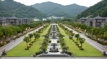 A symmetrical composition showcases a formal garden with water features and mature trees. The architecture of the buildings is visible against a backdrop of rolling hills. The overall aesthetic is one of order and design under daylight, suitable for both commercial and editorial uses.の素材