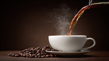 A close-up view depicts coffee being poured into a white cup, emanating steam. Dark roasted coffee beans are scattered on the surface. The scene is illuminated by soft light, against a warm brown background. This image could be used for food, beverage, or lifestyle content.の素材