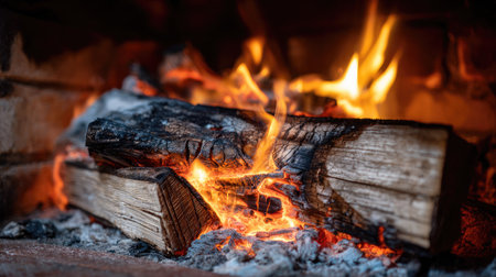 Burning firewood in the fireplace. Firewood burning in the fireplace.の素材