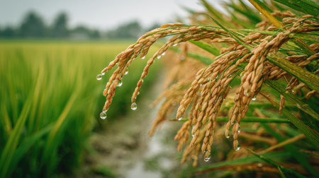 Rice field in rainy season, close up of rice paddyの素材