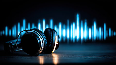 Headphones on dark background. Music and sound concept. Copy space.の素材