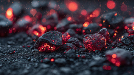 Pile of coal with red sparks on black background. Close up.の素材