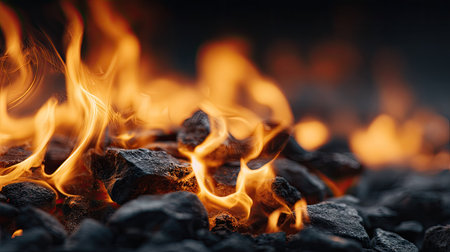 Close up of burning coals on dark background with copy space.の素材