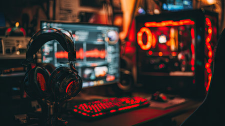 Professional gamer playing online video games and streaming live stream on computer.の素材