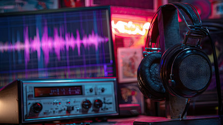 Audio recording studio. Headphones and sound equipment on dark background.の素材
