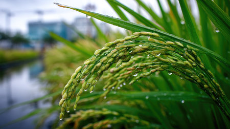 Rice in the field with water droplets after the rain.の素材