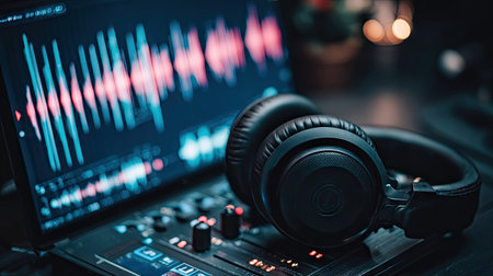 Headphones and sound mixer on the background of a monitor with a stock chartの素材
