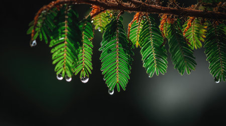 Water droplets on the leaves of a pine tree after rain.の素材