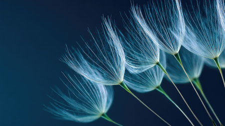 Dandelion seeds on a dark blue background close-up.の素材