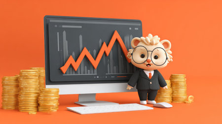 3d Illustration of a lion businessman with a graph on a computerの素材