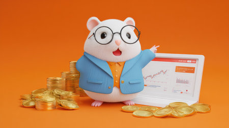 Funny piggy bank with tablet and coins on orange background.の素材