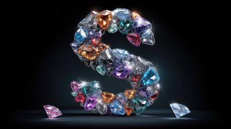 Letter S made of gems on black background. 3D rendering.の素材
