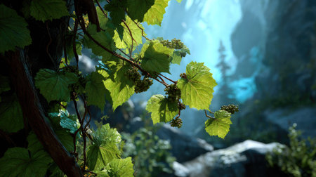 Vineyard with fresh green leaves on the background of a waterfallの素材