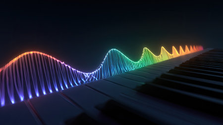 3d rendering of a piano keyboard with colorful neon lights on itの素材