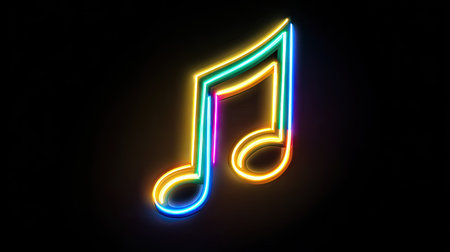 Neon music note on black background. 3D rendering. Neon sign.の素材