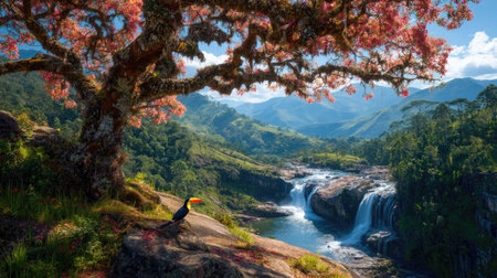 Tropical rainforest landscape with waterfall and parrot on the rockの素材