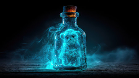 Magic potion in glass bottle with skull on dark toned foggy backgroundの素材