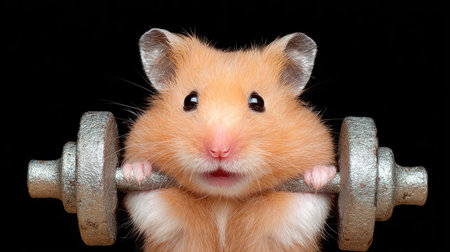 Cute hamster with dumbbells isolated on a black backgroundの素材