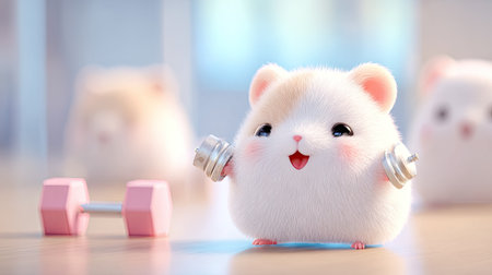 Cute white hamster with dumbbells and piggy bankの素材