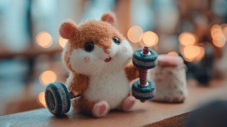 Cute toy bear and dumbbells on wooden table in living roomの素材