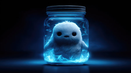 Cute little white chicken in a glass jar with blue light.の素材