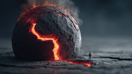 Man standing on lava rock and looking at volcano eruption. 3D renderingの素材