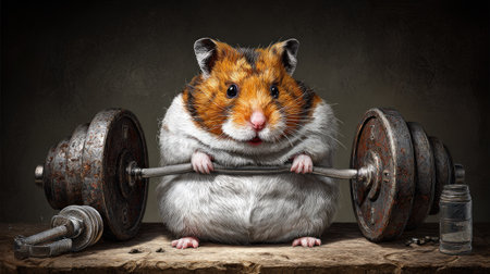 Funny hamster with dumbbells on a dark background.の素材