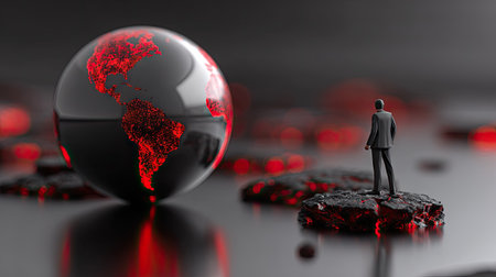 Businessman standing on a stone and looking at a red globe on a dark backgroundの素材