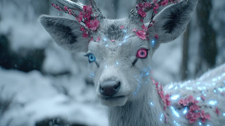 Deer with blue eyes and pink flowers in the winter forest.の素材