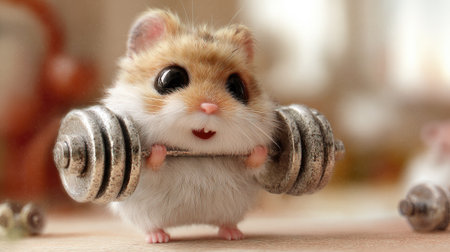 Cute hamster with dumbbells on wooden table, closeupの素材