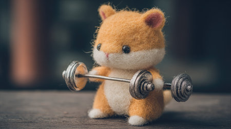 Teddy bear with dumbbells on wooden background, soft focusの素材