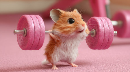 Hamster with dumbbells on a pink background, close-upの素材