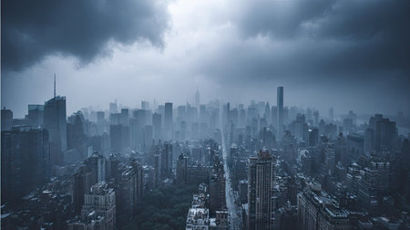 New York City skyscrapers in a foggy day, USAの素材