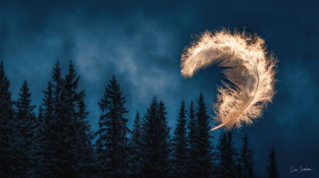 A bird's feather flies in the sky among the coniferous forest.の素材