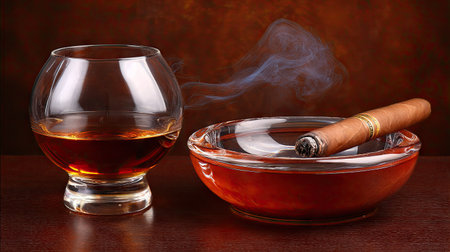 Glass of whiskey with cigar and ashtray on a wooden tableの素材