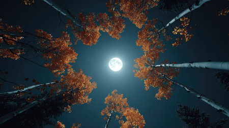 autumn forest and full moon, 3d rendering computer generated imageの素材