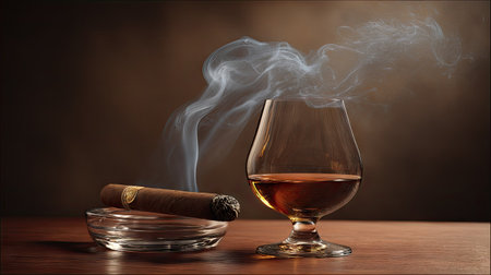 Cigar and glass of cognac on wooden table with smokeの素材