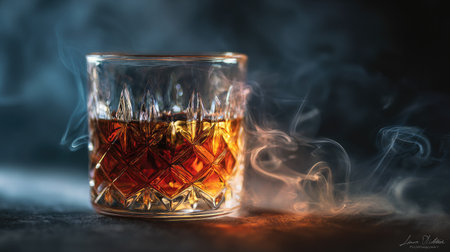 Cognac or brandy in a glass with smoke on black backgroundの素材