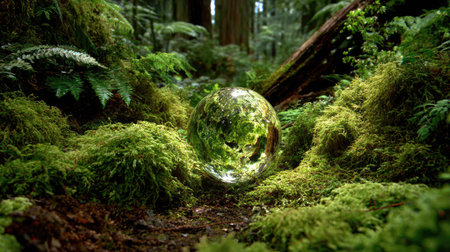 crystal ball in the forest with moss and ferns.の素材