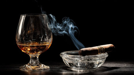 Cigar and glass of cognac on a black background.の素材