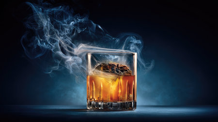 Whiskey in a glass with ice and smoke on dark backgroundの素材