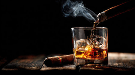 Whiskey with ice cubes and cigar on a dark background.の素材