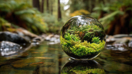 Glass globe with forest and river in the park. Nature concept.の素材