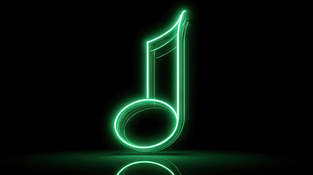 Neon music note icon on black background. 3D rendering.の素材