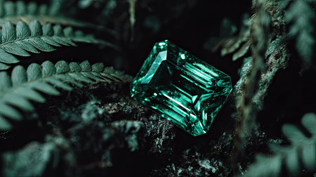 Emerald gemstone on the ground with green fern leaves.の素材